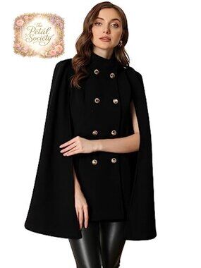 Vintage Double Breasted Cape Coat Slit Sleeve Winter Pea Coat